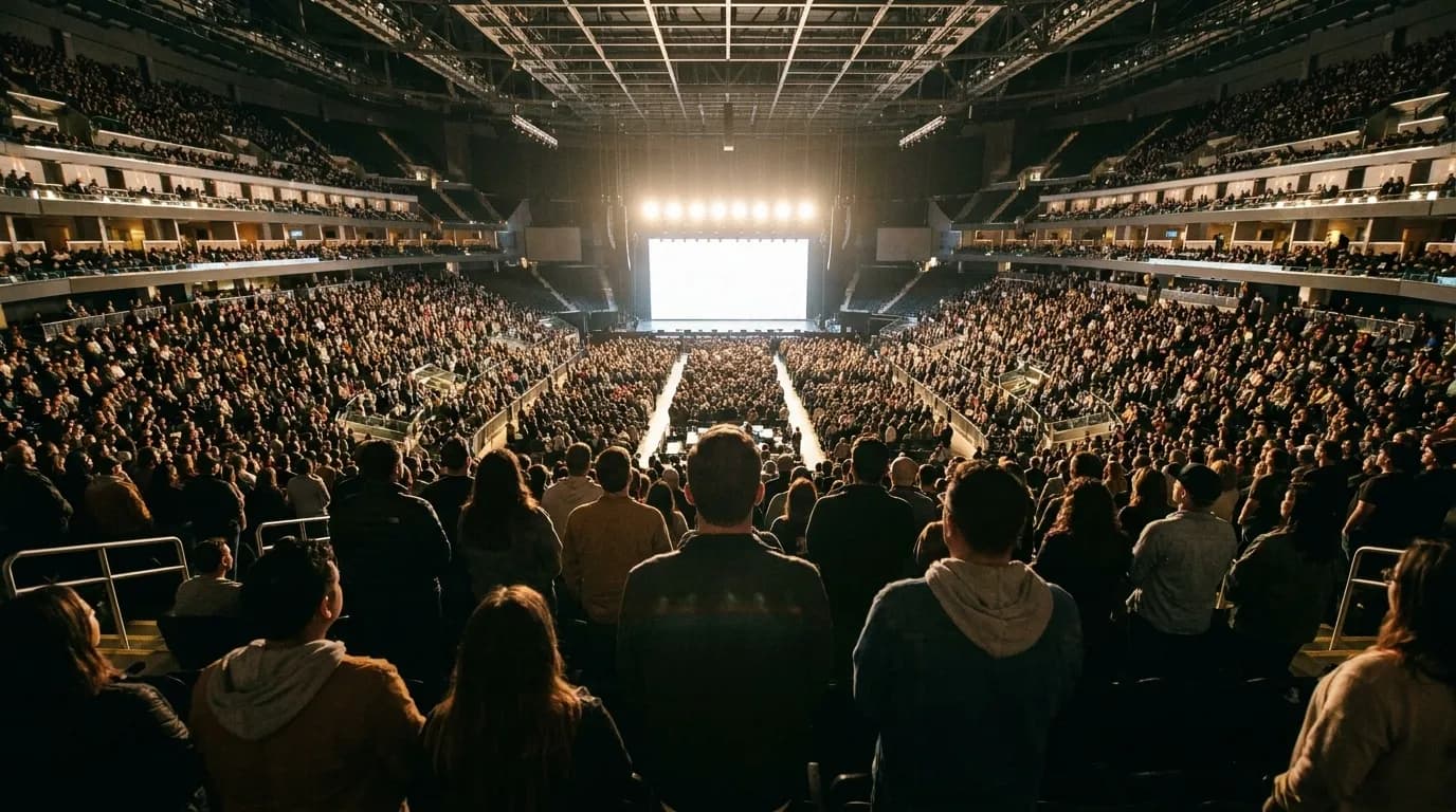 An arena filling up before a show, seen from the back of the upper tier with the house lights still up