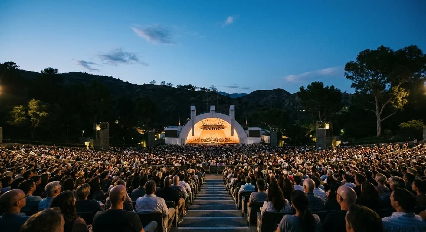 A large outdoor amphitheatre filled with an audience before a show at dusk