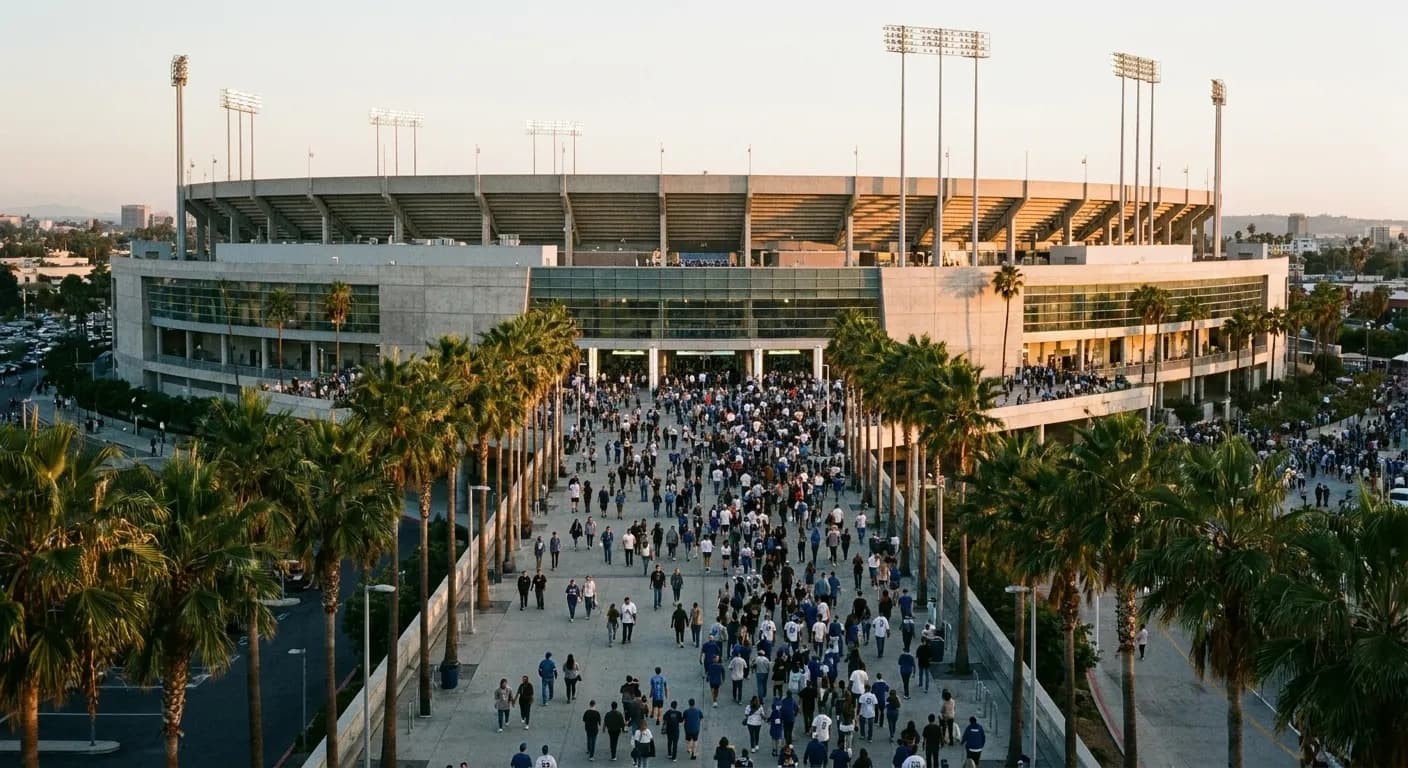 The exterior concourse of a large Los Angeles stadium in the evening with crowds heading toward the entrances