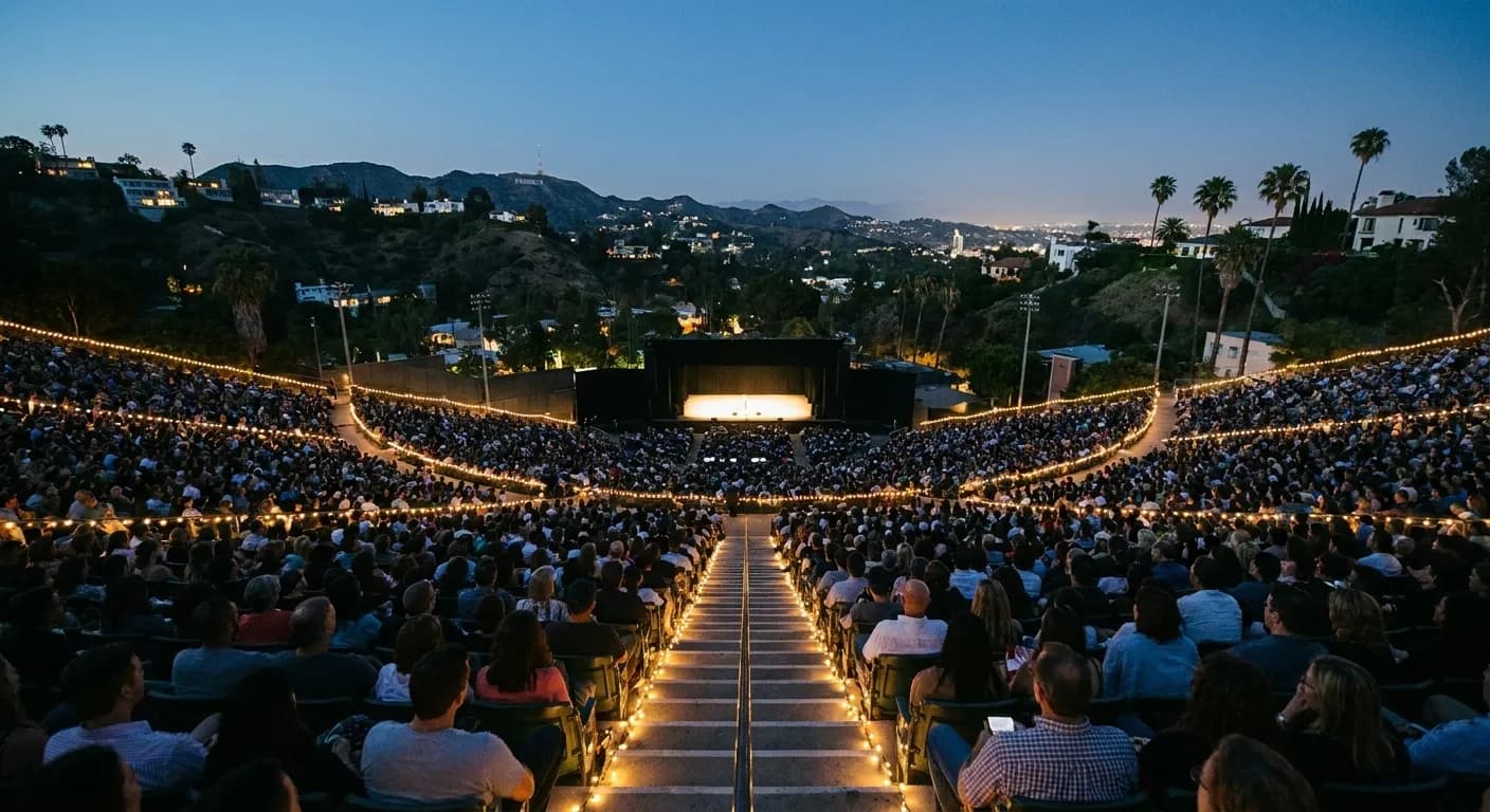 A large outdoor amphitheatre filling with people before a show at dusk