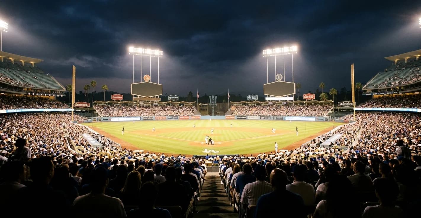 A packed Los Angeles baseball stadium during an evening game seen from the upper deck