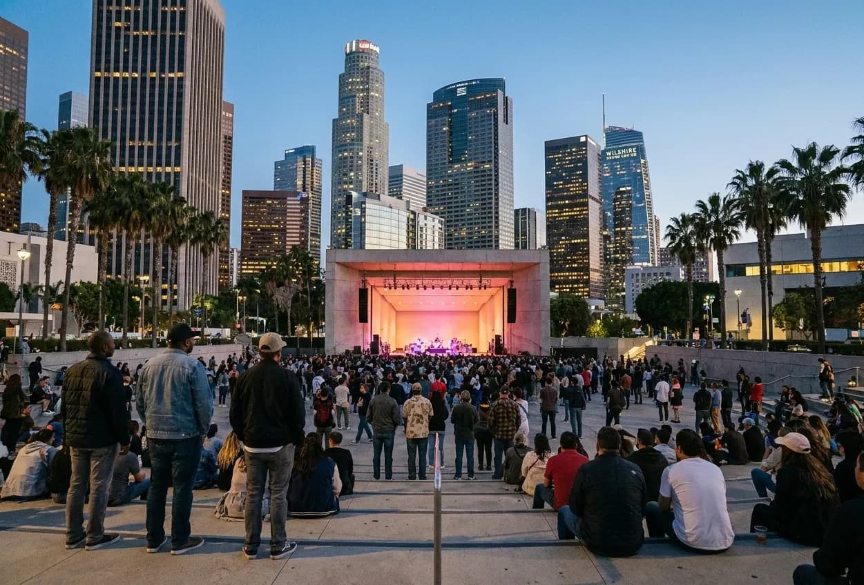 An outdoor crowd at a free public concert in a plaza at dusk, people standing and sitting on steps facing a lit stage
