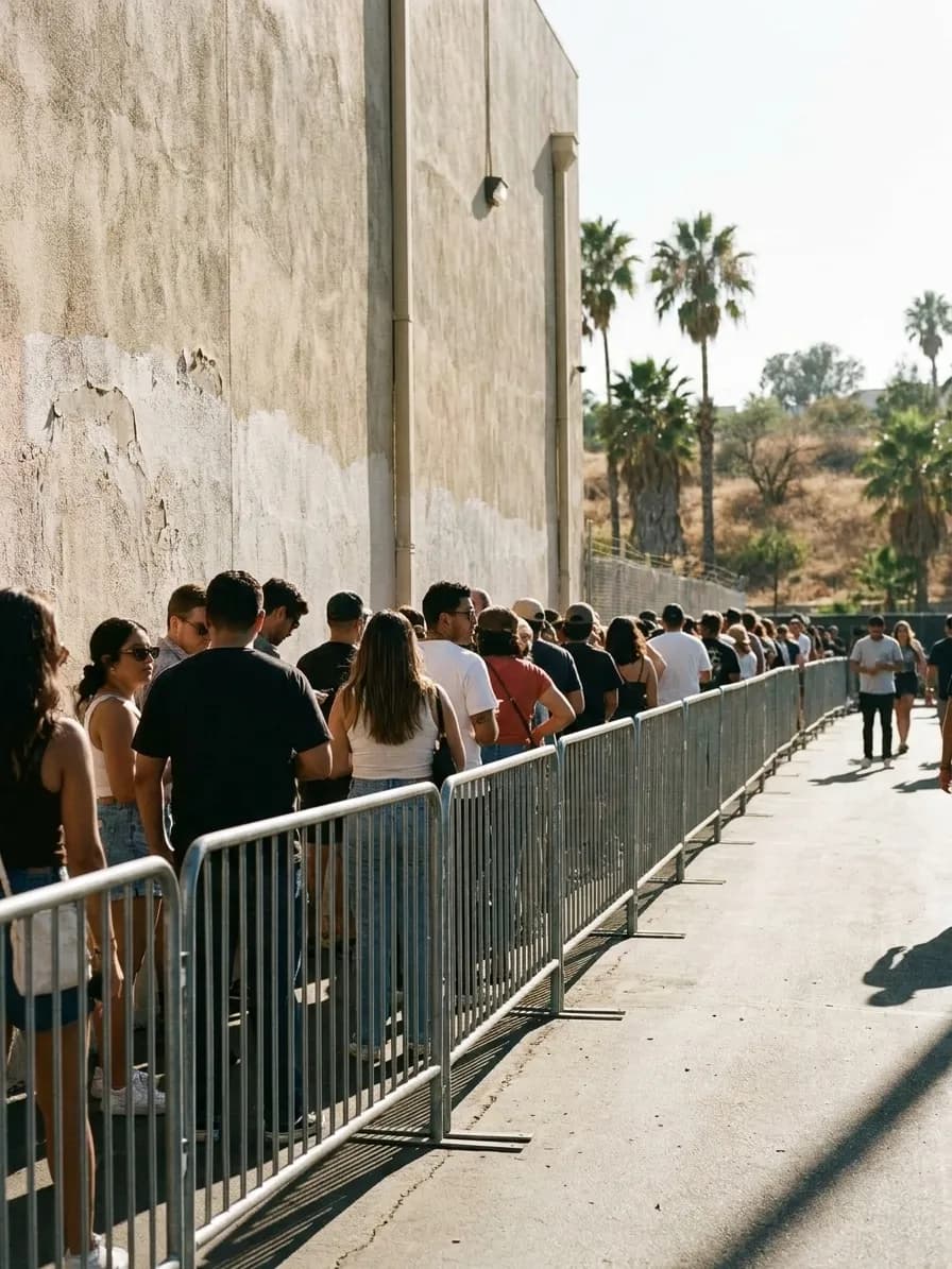A long queue of people waiting along a pavement beside a venue wall in hard afternoon sun with metal crowd barriers running the length of the line