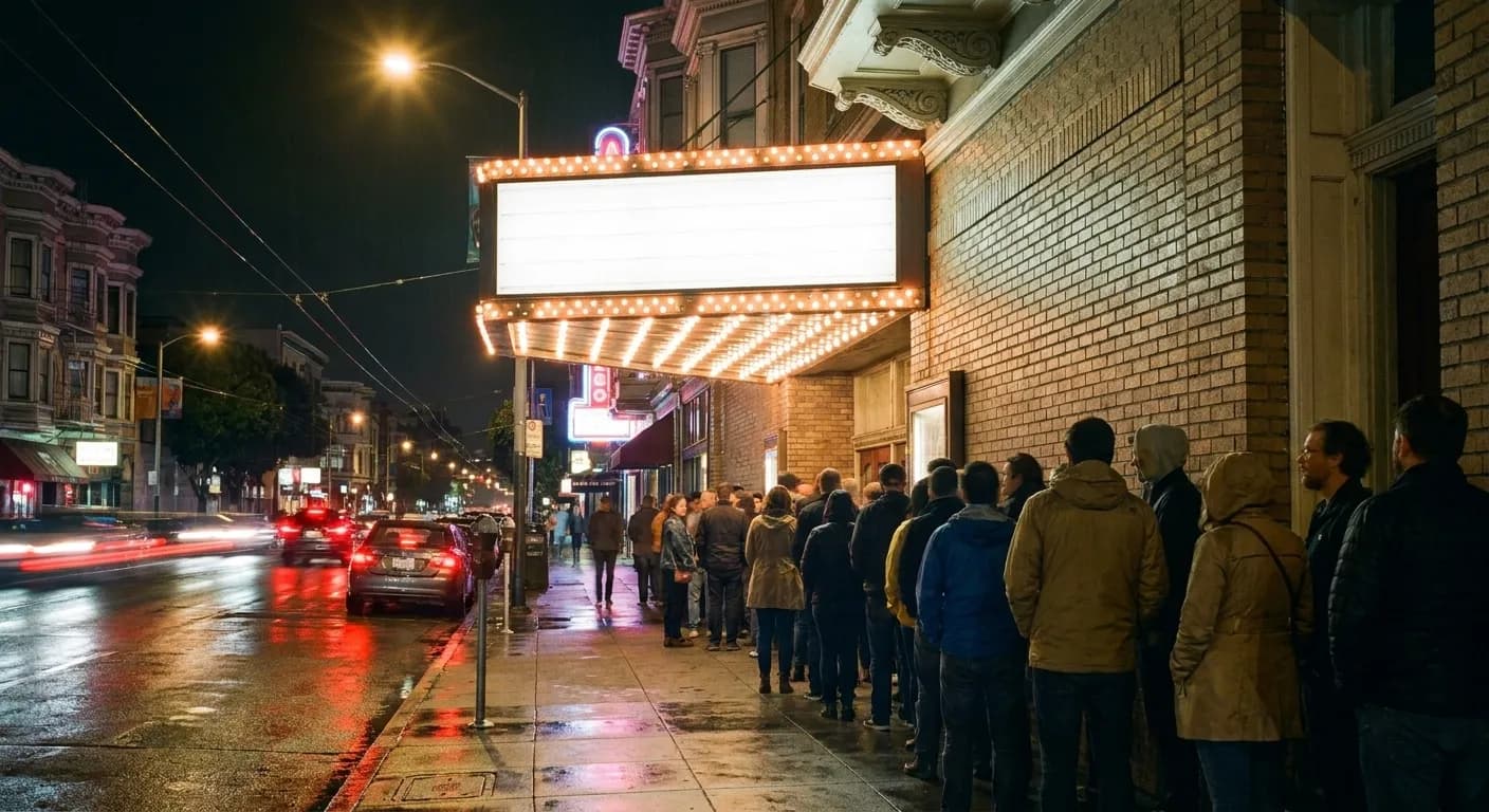 The bulb-lit marquee of an old San Francisco music venue at night with a queue along the sidewalk