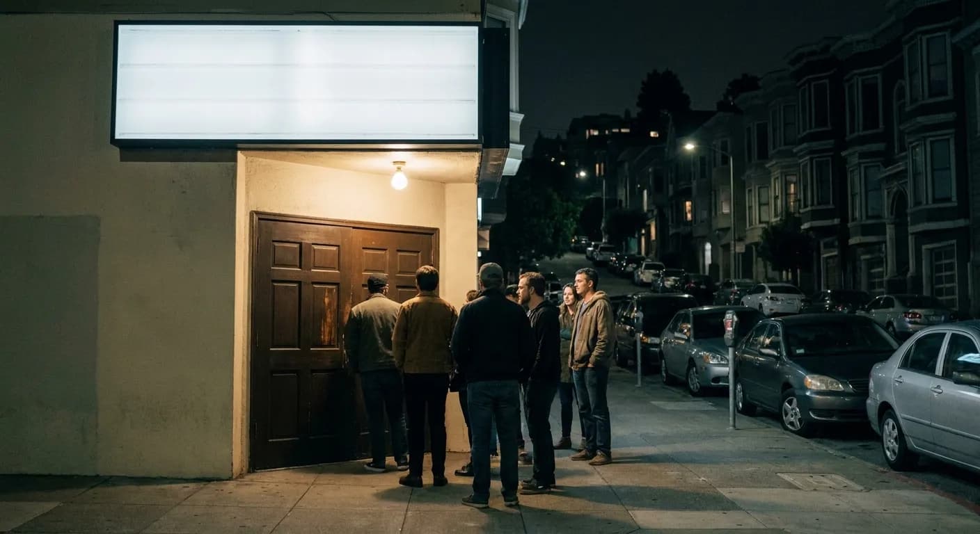 The exterior of a small independent music venue at night, a plain frontage with a blank unlit marquee above the door and a short queue waiting on the pavement under a bare bulb