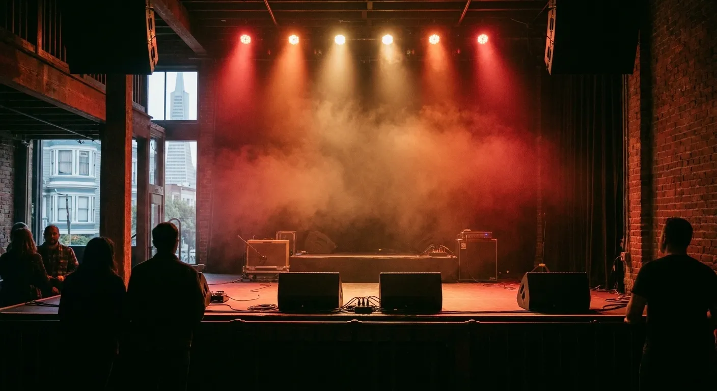 A small music venue stage lit in red before a show with a crowd silhouetted in front