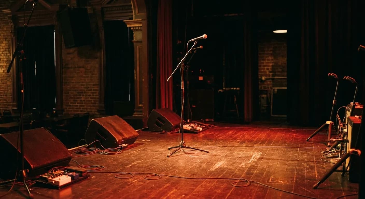 A small music venue stage lit in red before the band comes on