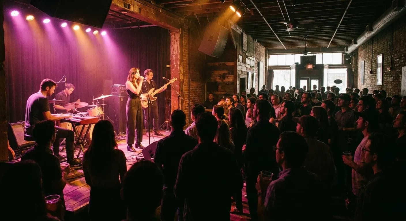 A band playing on a small stage in a dark bar-venue, coloured lights on the performers and a modest crowd close to the front
