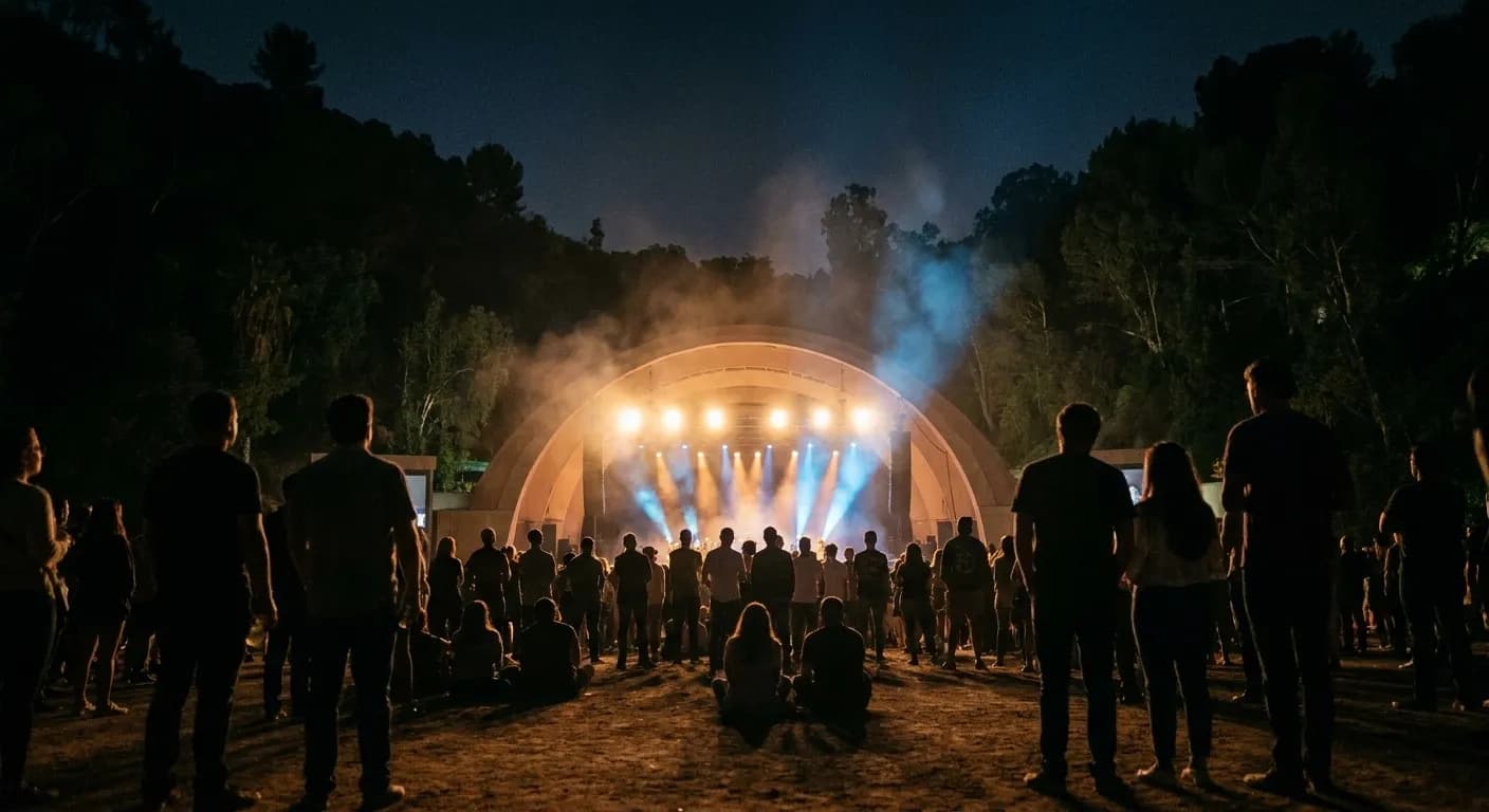An outdoor amphitheatre stage lit at night with trees rising on either side