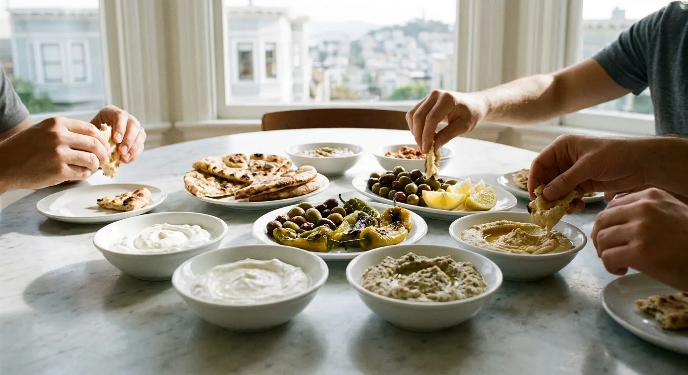 A table of Mediterranean small plates from above — flatbread, dips, olives and grilled vegetables on white ceramic in bright daylight