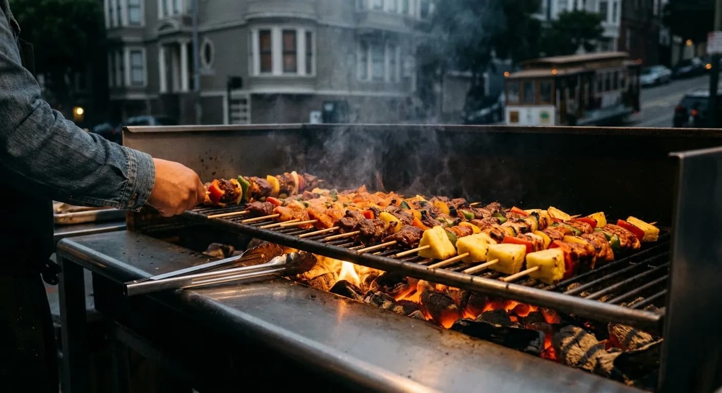 Skewers of marinated meat and vegetables cooking over glowing charcoal in a restaurant grill, smoke curling upward with tongs resting on the rail
