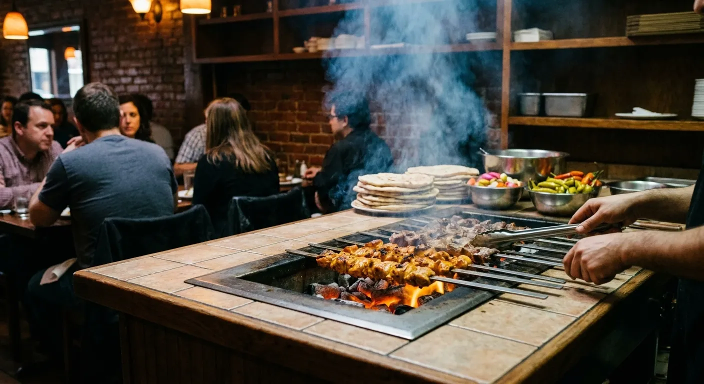 A charcoal grill in a small restaurant with skewers cooking, smoke rising and a cook's hands turning them under warm light