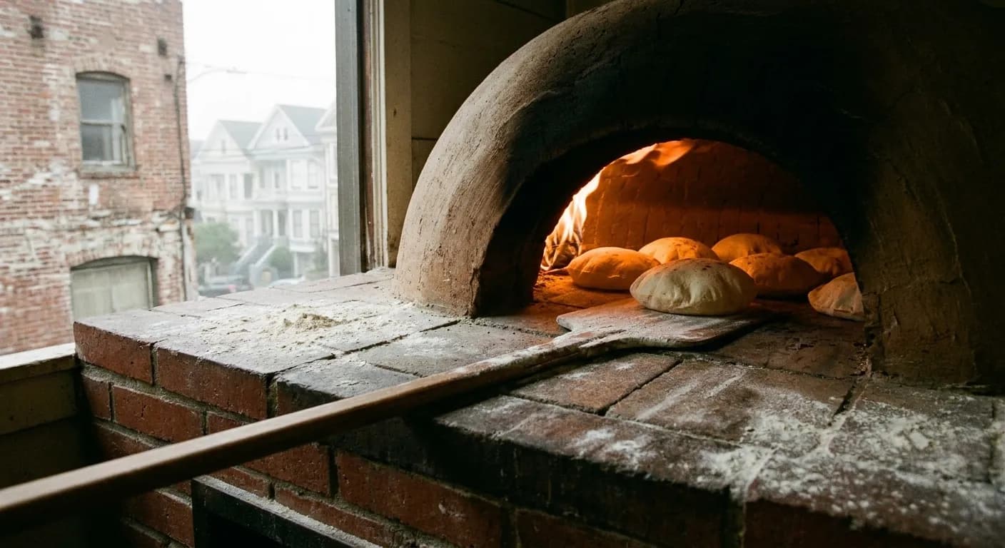 Rounds of flatbread puffing up on the hot floor of a small domed bakery oven, orange flame light on the dough with a wooden peel resting at the oven mouth