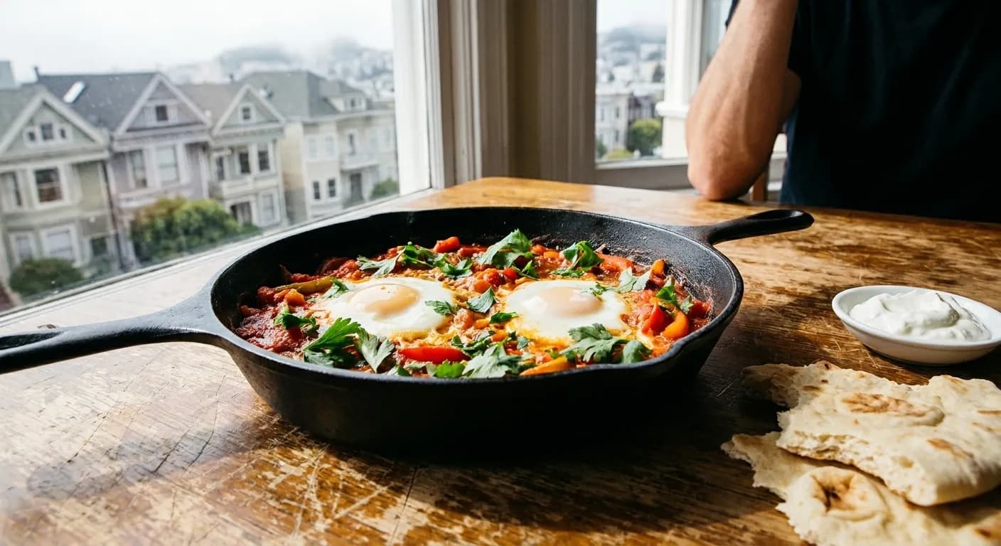 A pan of shakshuka with eggs and herbs on a wooden table beside flatbread