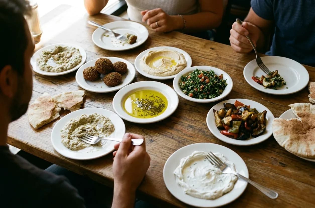 A table of small shared dishes with flatbread and olive oil