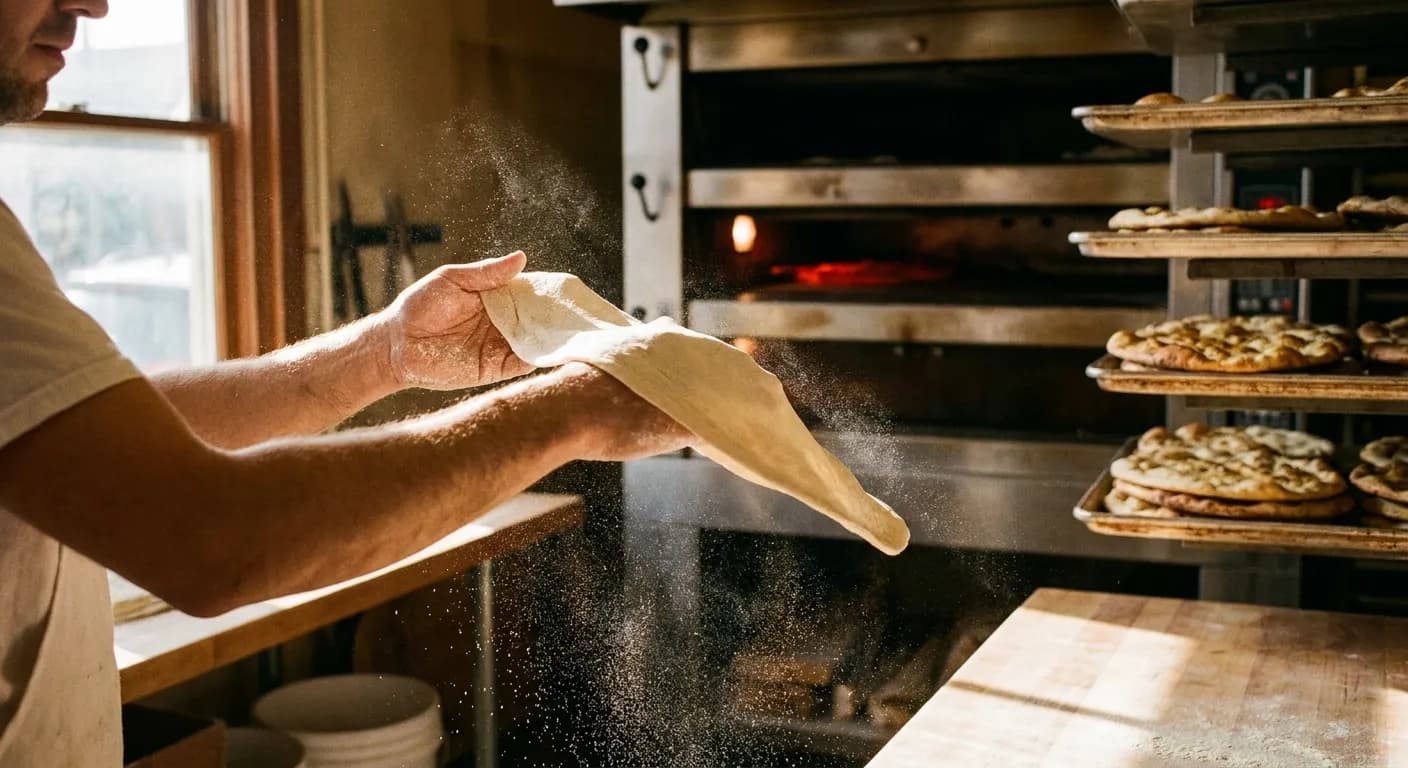 A baker stretching flatbread dough beside a hot deck oven, flour dust catching the light