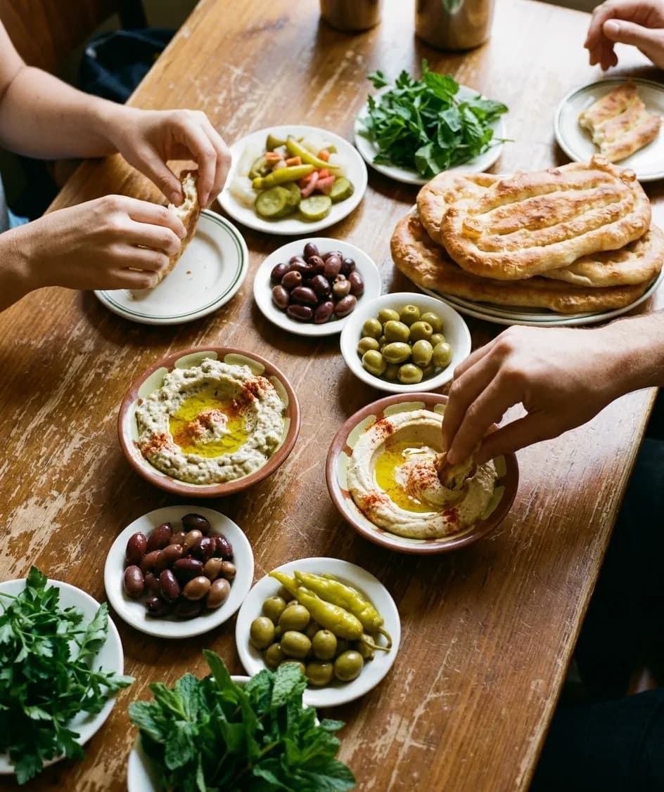 A spread of mezze dishes with flatbread, olives and dips across a small table