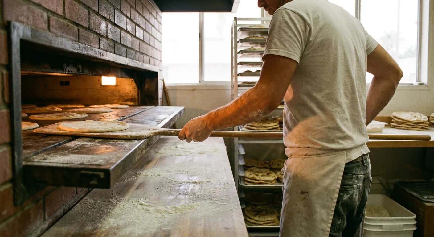 A baker sliding rounds of flatbread into a long deck oven with a wooden peel, flour on every surface