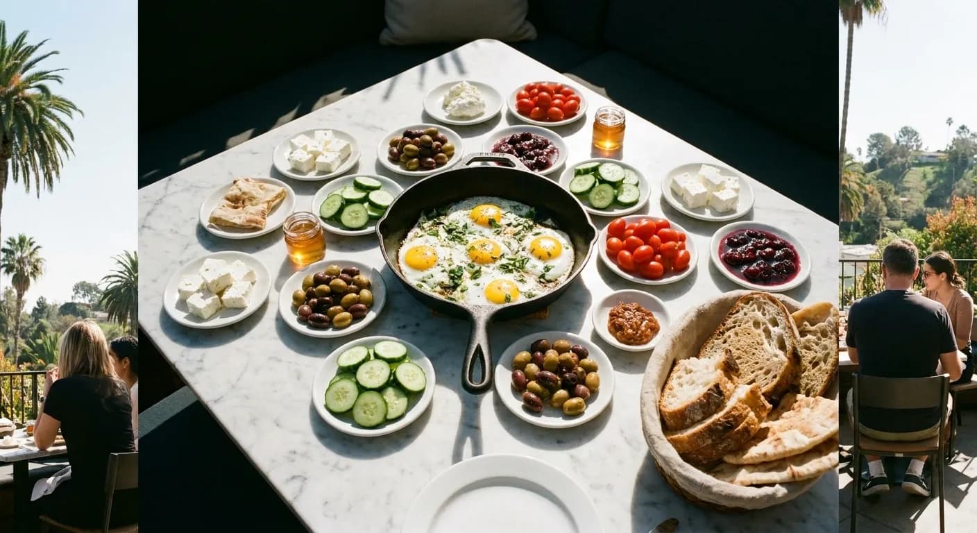A spread of small breakfast plates with eggs, cheese, olives and bread on a marble table