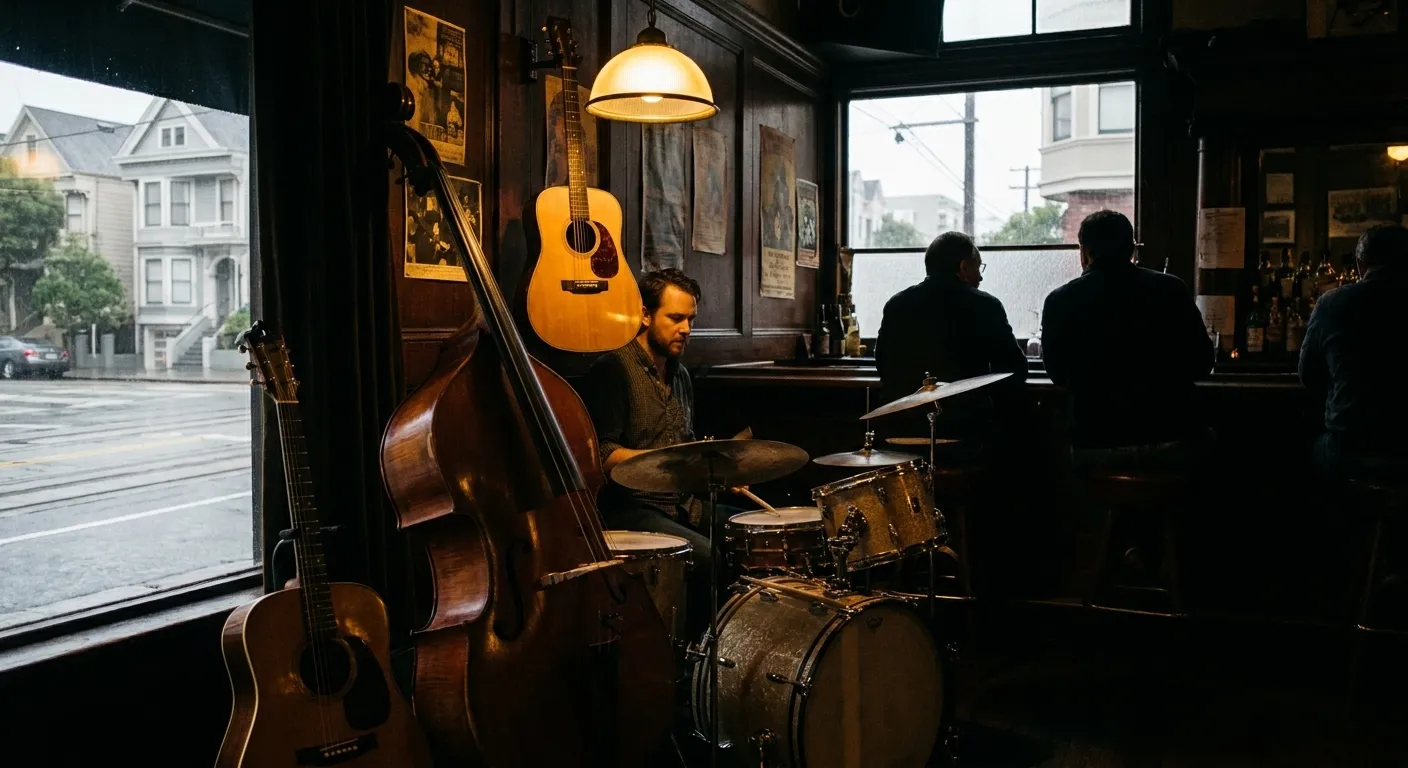 A trio playing in the corner of a small dimly lit bar with drinkers at the bar behind
