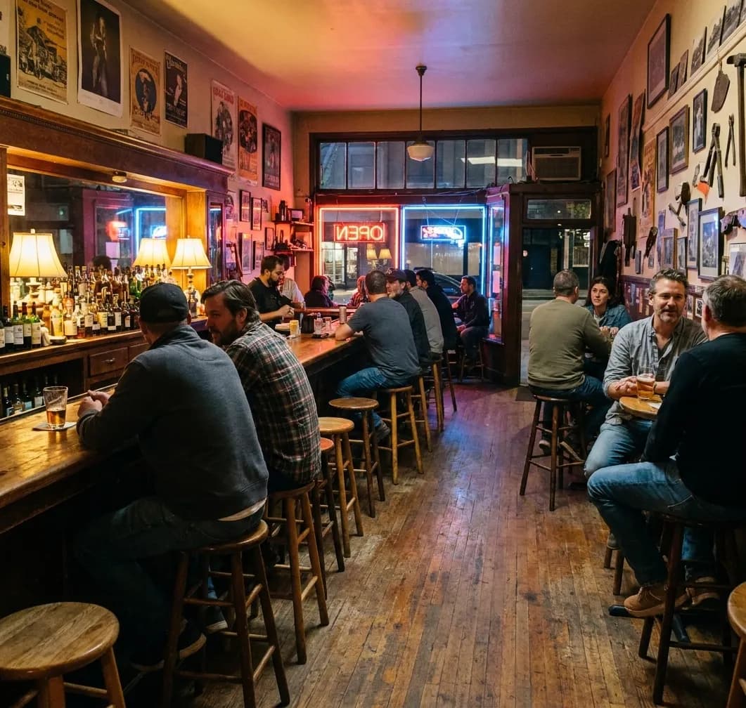 The interior of an unpretentious San Francisco neighbourhood bar in the evening with regulars along the counter