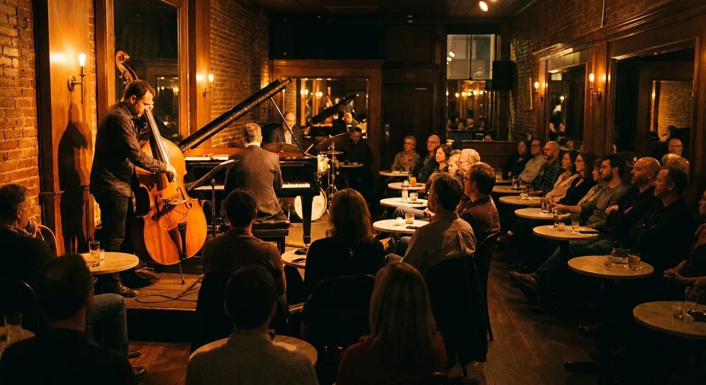 A jazz trio playing in a small dim room, the double bassist lit from the side and a seated audience close to the low stage