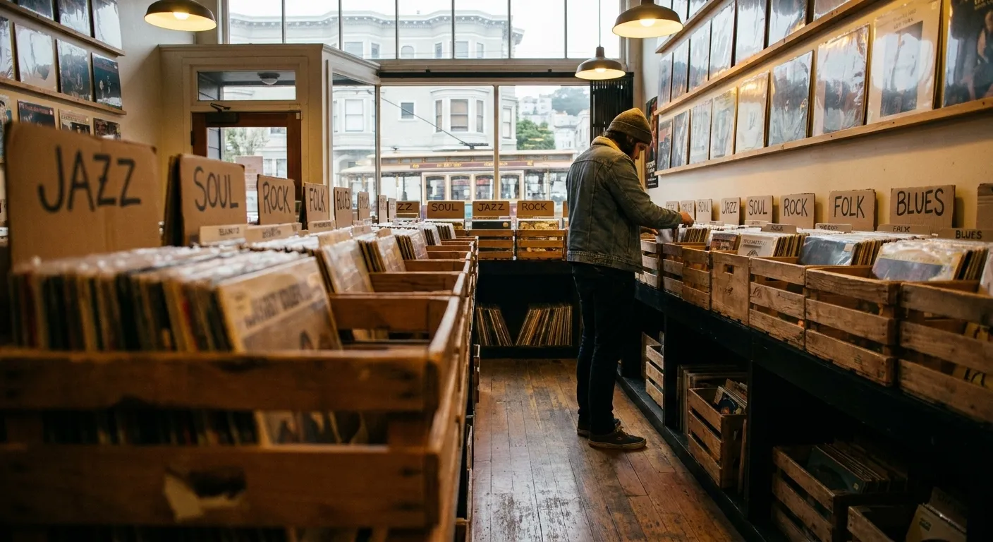 A narrow independent record shop interior, crates of vinyl along both walls with one person flipping through a rack, handwritten dividers and warm tungsten light