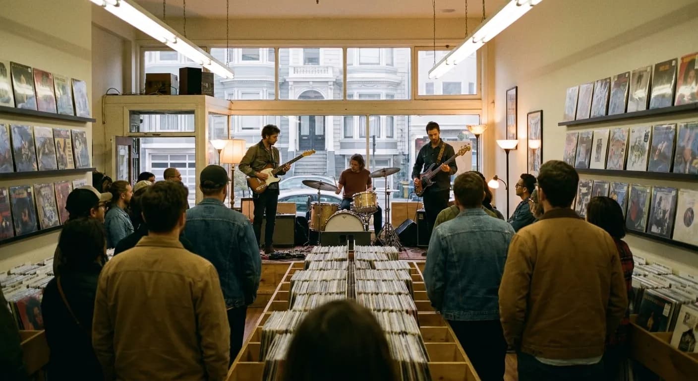 A band playing on a small stage in a record shop with customers standing among the racks