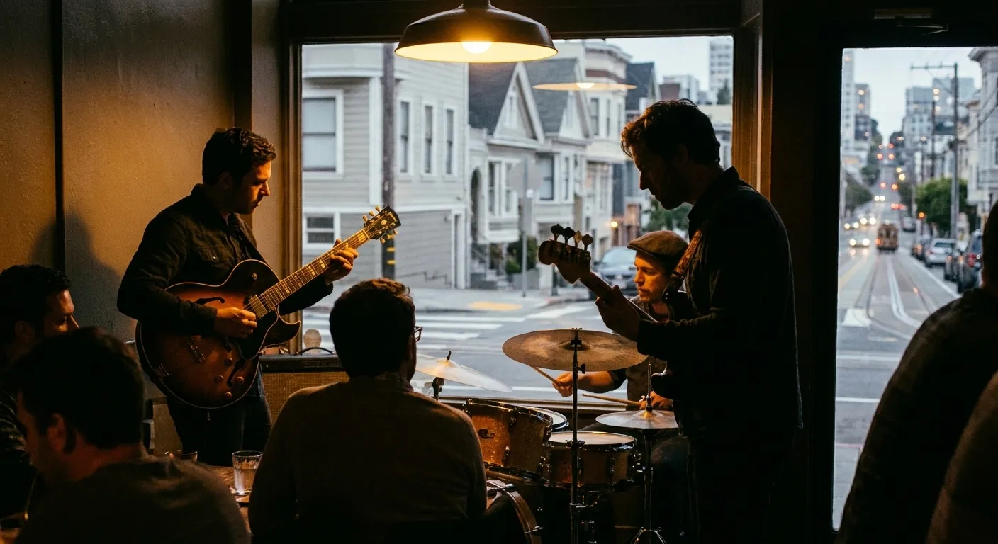A jazz trio playing in a small dark room with a single warm light