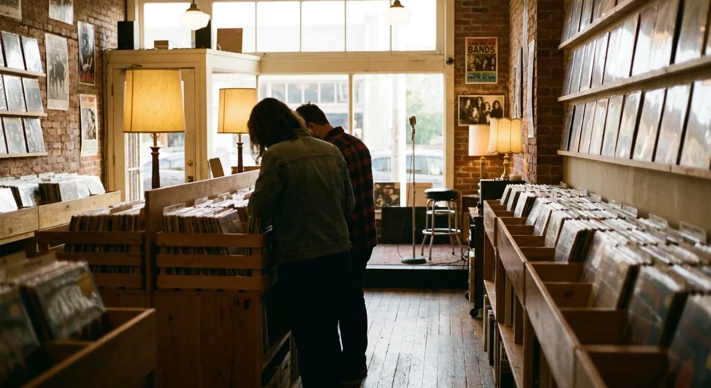 A record shop clearing space at the back for an early-evening in-store set
