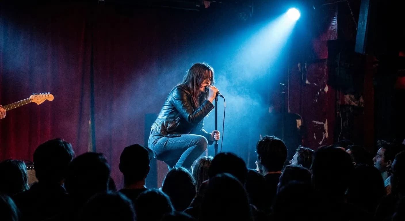 A singer at a microphone under a single spotlight in a small dark club