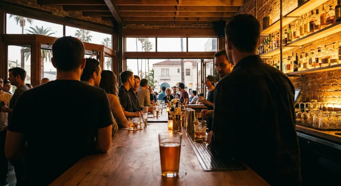 A crowded Los Angeles bar counter in the evening with drinks lined along it and patrons standing