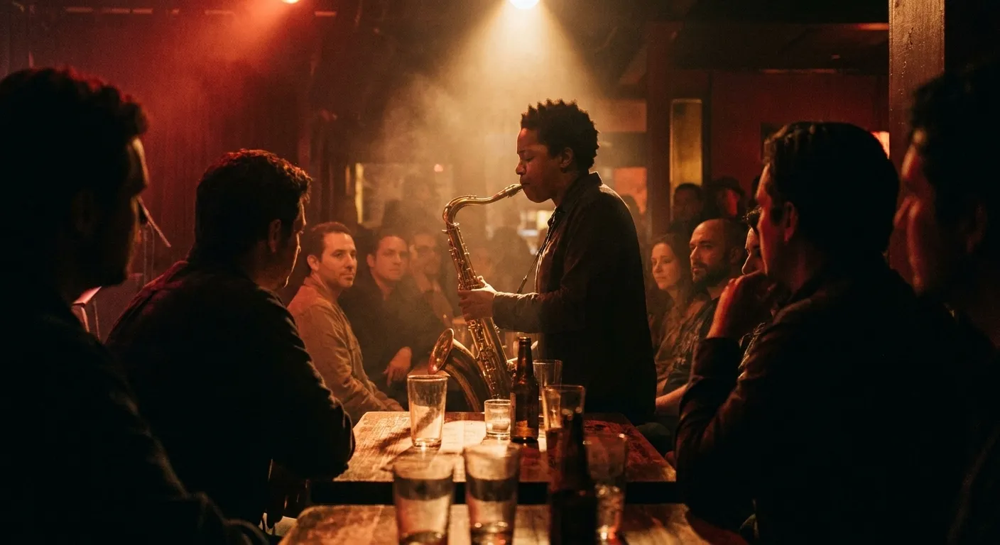 A saxophonist playing under a single warm spotlight in a small dark room with an audience seated close around