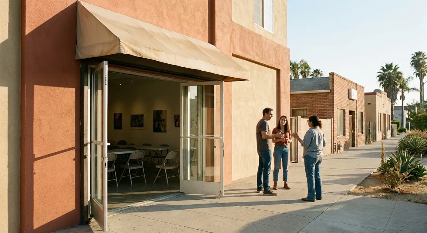 A modest storefront community arts space on a neighbourhood street in afternoon sun, painted facade with a plain awning and folding chairs visible through the open door