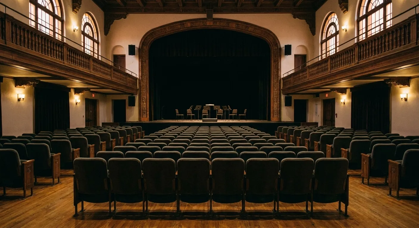 An empty concert hall interior seen from the back of the stalls