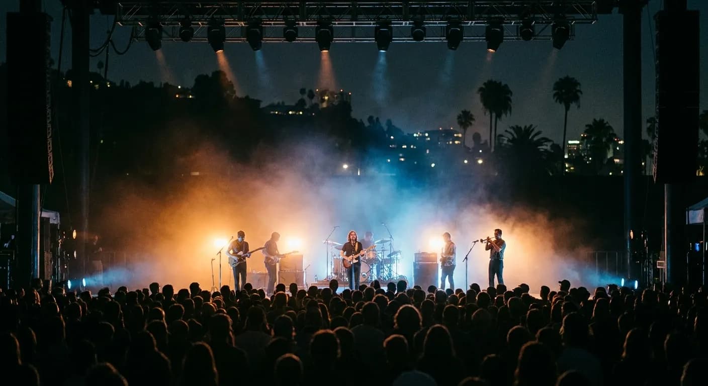 A stage lit against a dark hillside at night with an audience silhouetted across the foreground