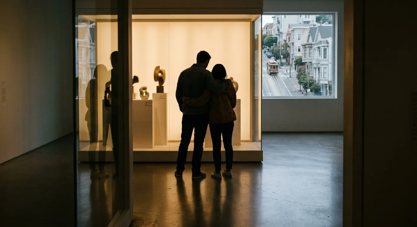 Two people seen from behind looking at an illuminated exhibit in a dim gallery
