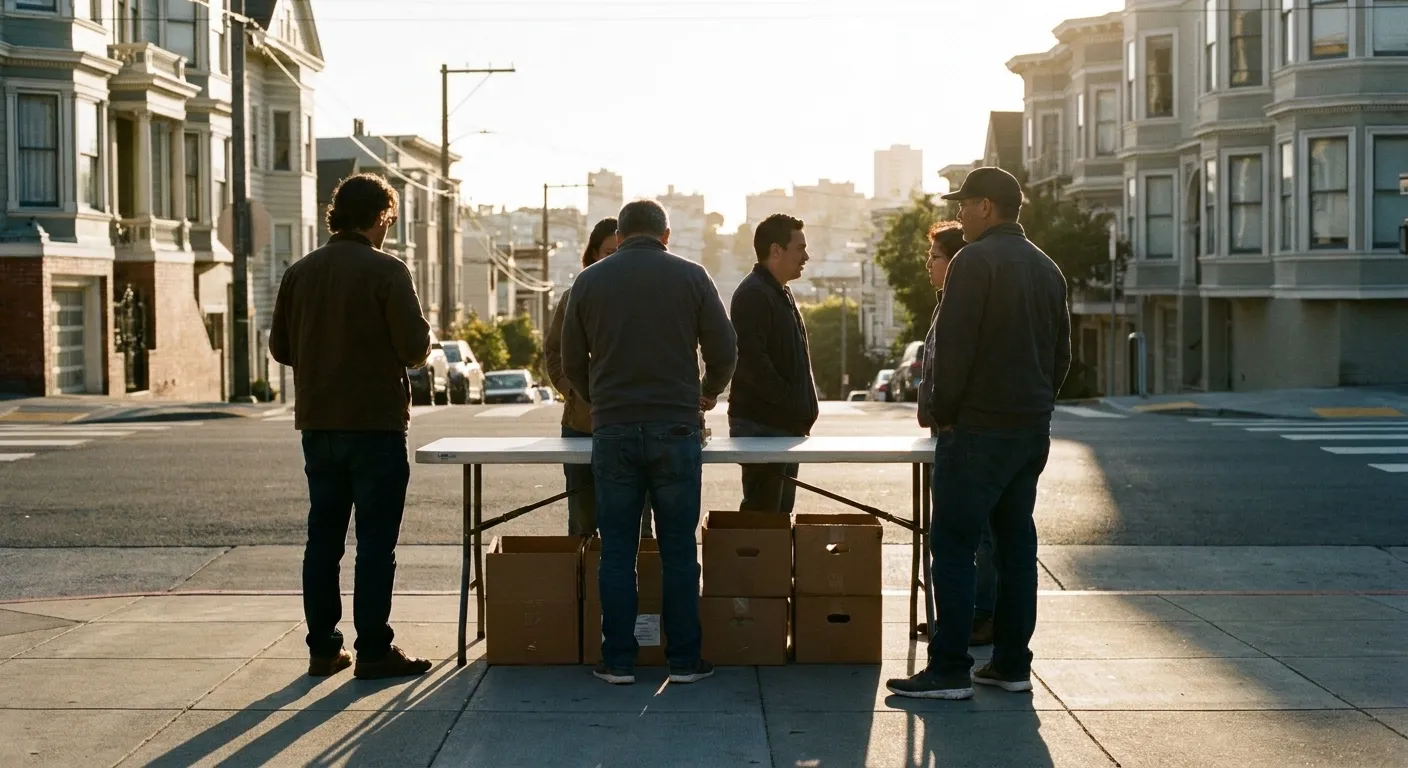 A folding table set up on a pavement with people gathering around it