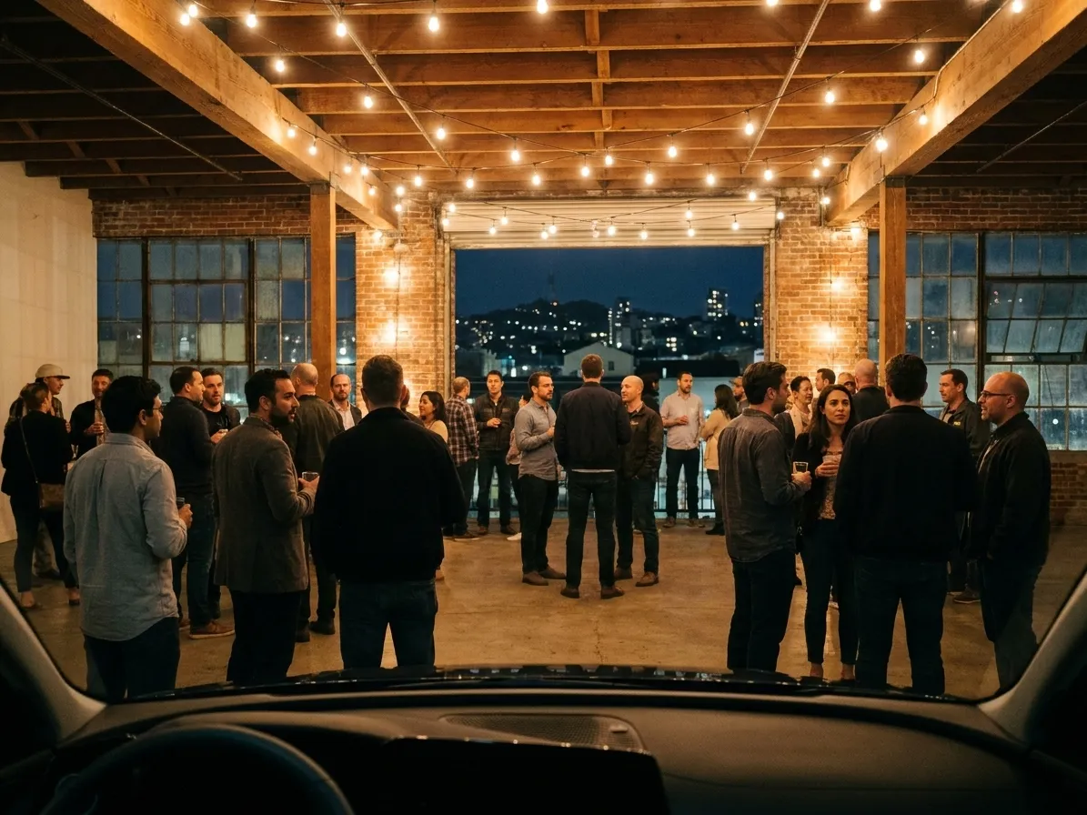 A converted warehouse space filling up under string lights during an evening pop-up