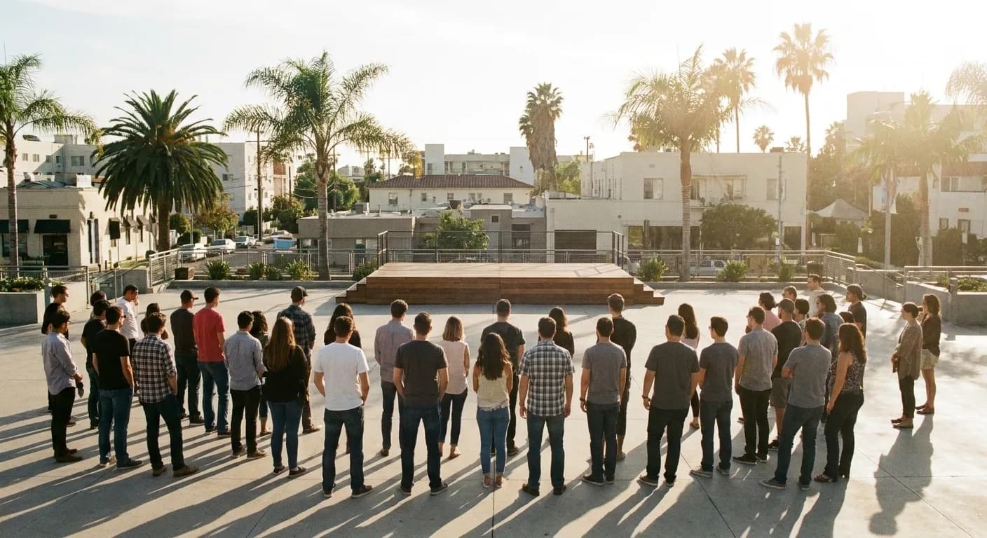 An outdoor plaza with people gathered around a small stage