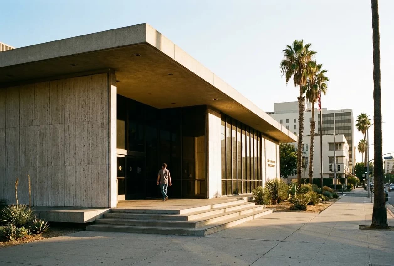 A mid-century civic library building in warm late-afternoon light