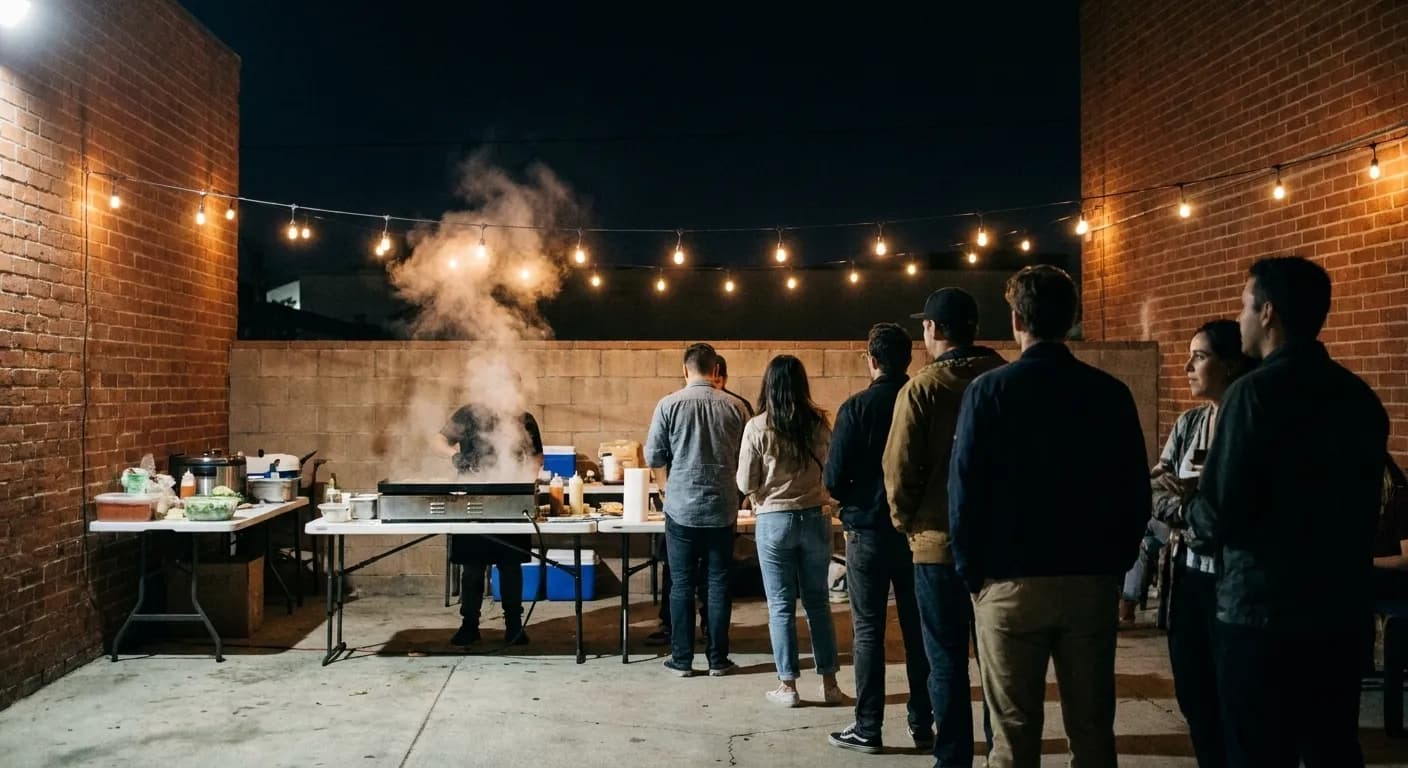 A temporary food stall in a courtyard at night with a queue and hanging lights
