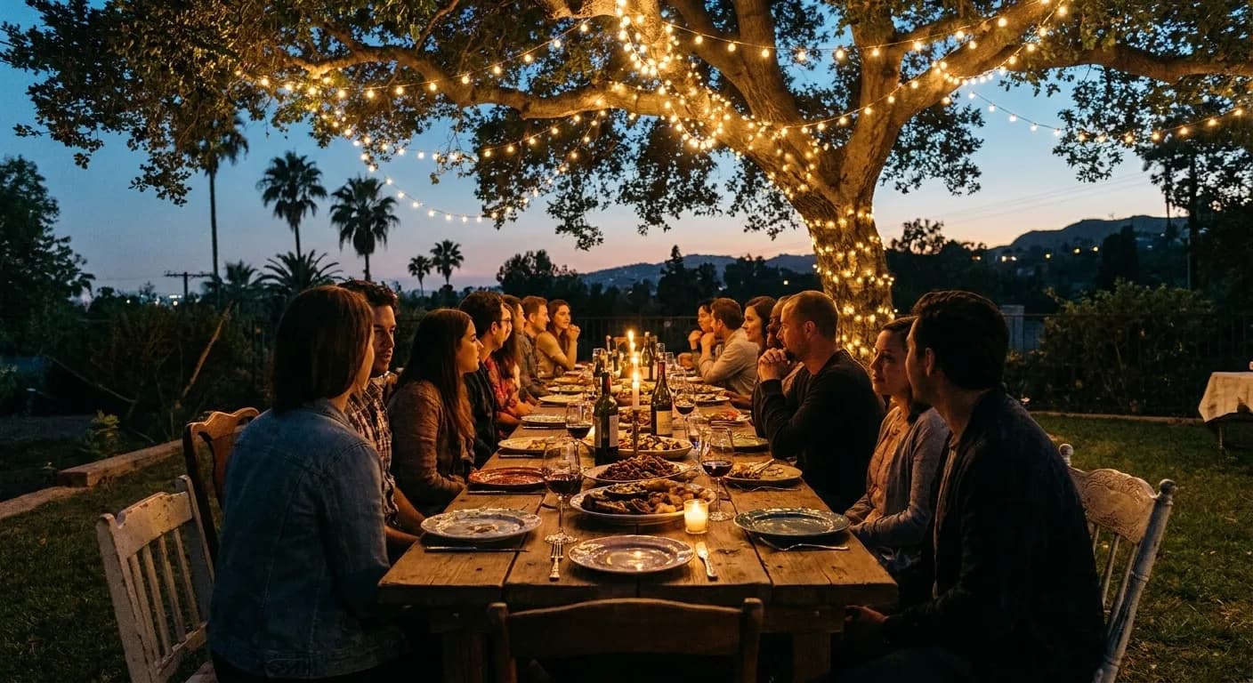 A long communal table set for dinner in a Los Angeles back yard at dusk with shared platters down the centre