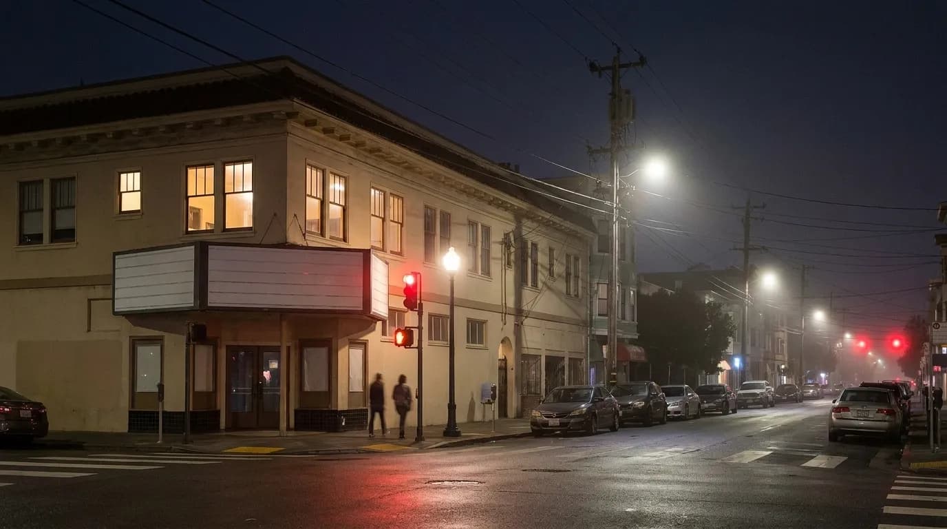 A lit marquee and corner doorway on Clement Street in San Francisco's Inner Richmond at night, fog softening the streetlights.