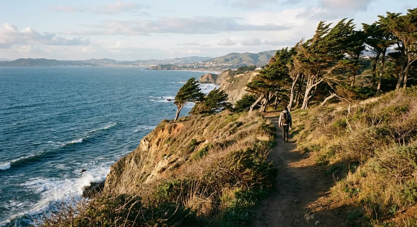 A narrow cliff trail near San Francisco with wind-leaning cypress and the ocean far below