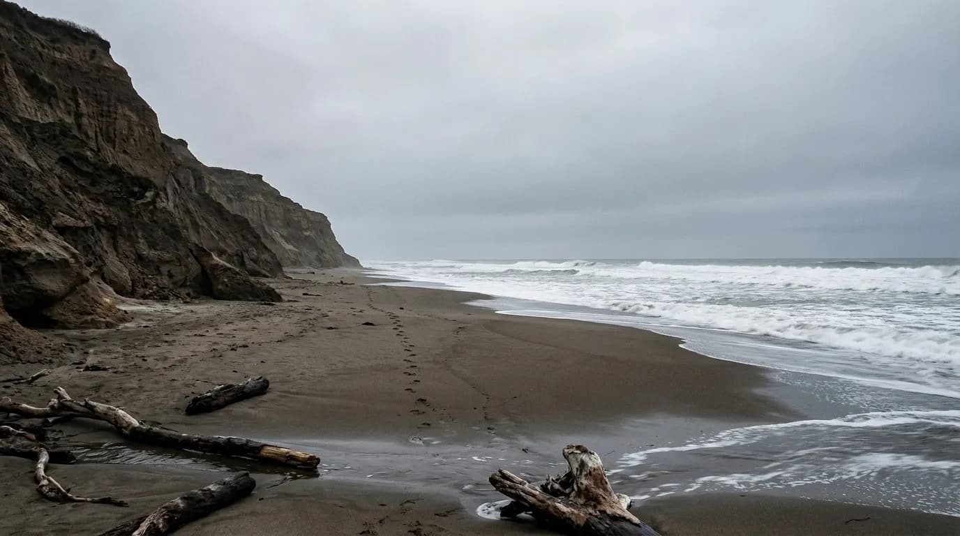 A wide empty beach below steep cliffs under grey sky, a single line of footprints in the sand and surf breaking in the distance