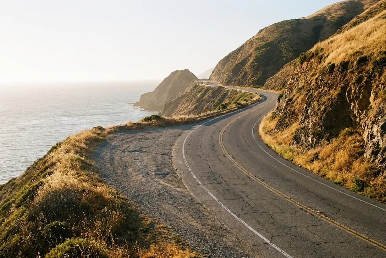 A two-lane coastal highway curving along the top of steep cliffs above the Pacific with a small gravel pull-out on the ocean side, dry golden grass on the inland bank