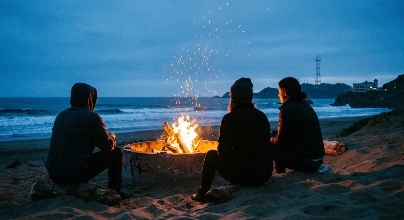 A small driftwood fire in a concrete ring on the sand at dusk with people sitting around it