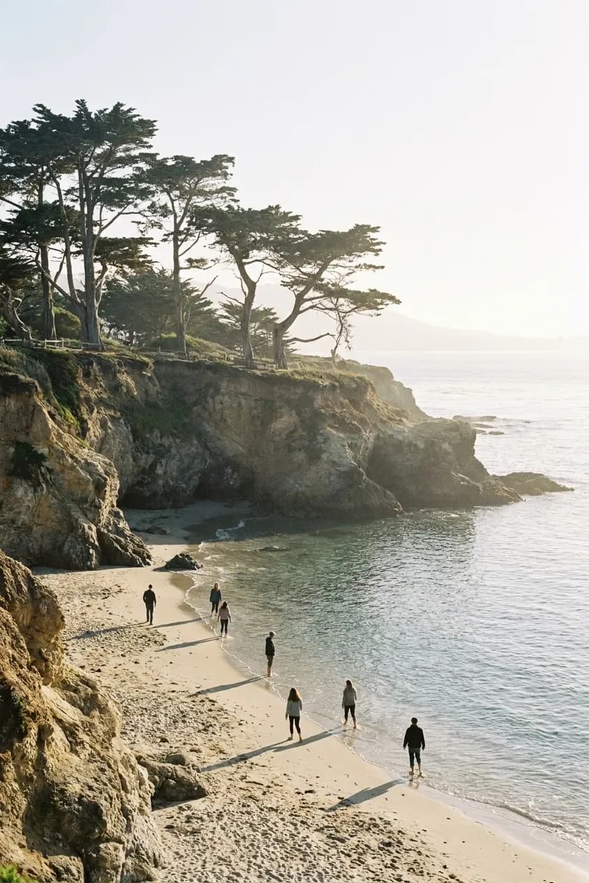 A small sheltered cove beach backed by cliffs with a handful of people on the sand