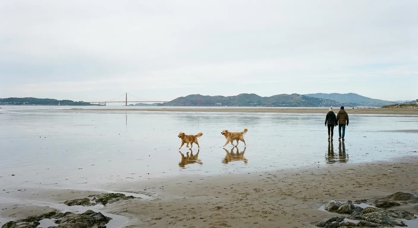 Dogs running along a wide San Francisco shoreline at low tide with their owners walking behind